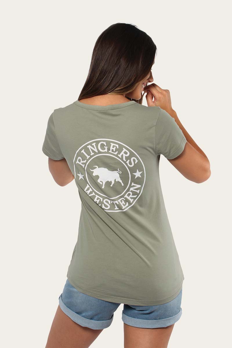 Signature Bull Womens Relaxed V Neck T-Shirt - Desert Sage/White