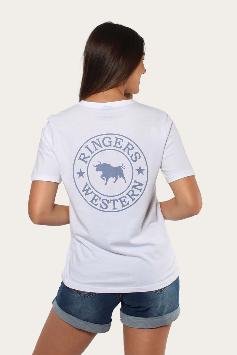 Signature Bull Womens Loose Fit T-Shirt - White/Faded Denim