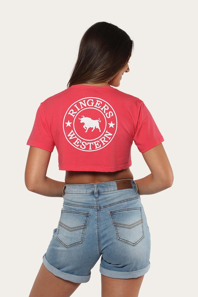 Signature Bull Womens Ultra Crop T-Shirt - Camelia Rose/White