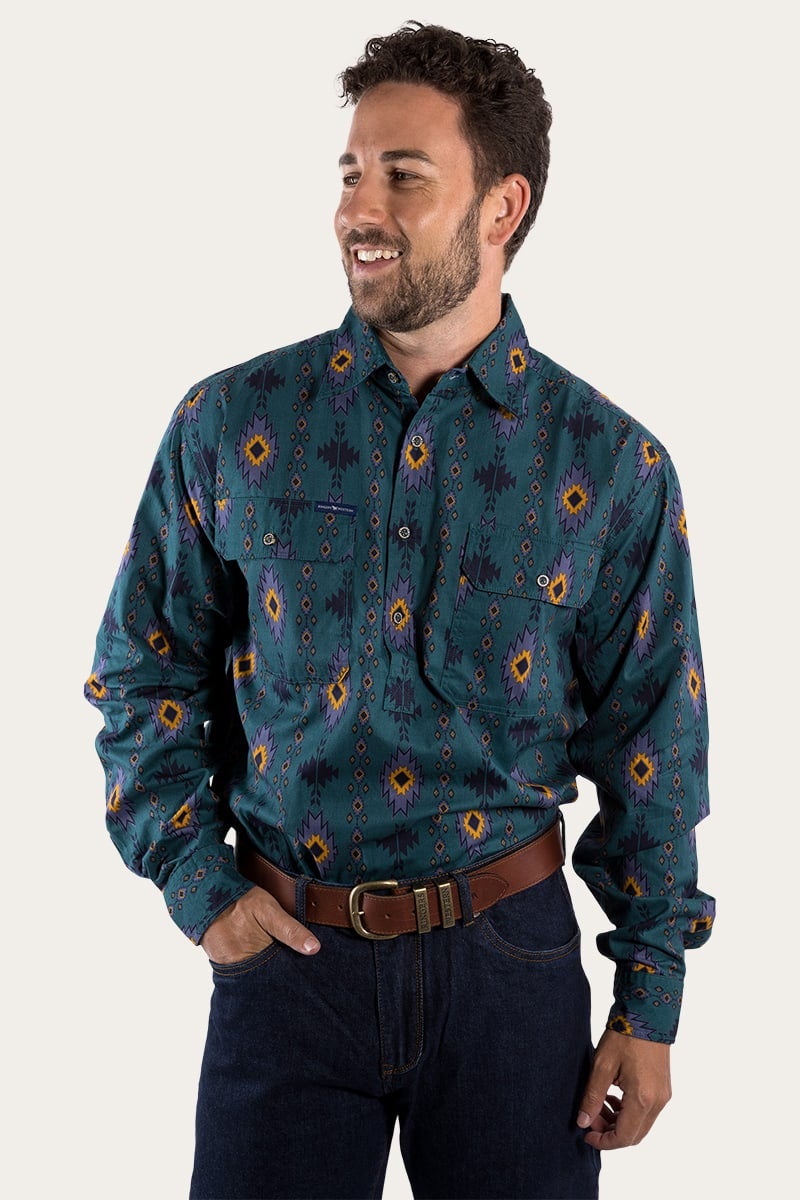 Limited Edition Mens Half Button Work Shirt - Amazon Green with Montana Print