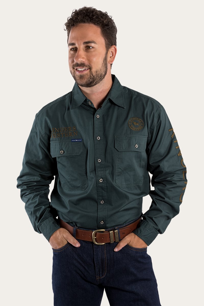 Hawkeye Mens Full Button Work Shirt - Forest Green/Plantation