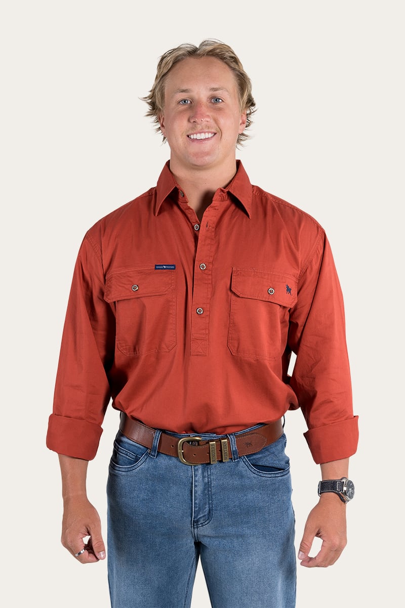 King River Mens Half Button Work Shirt - Terracotta