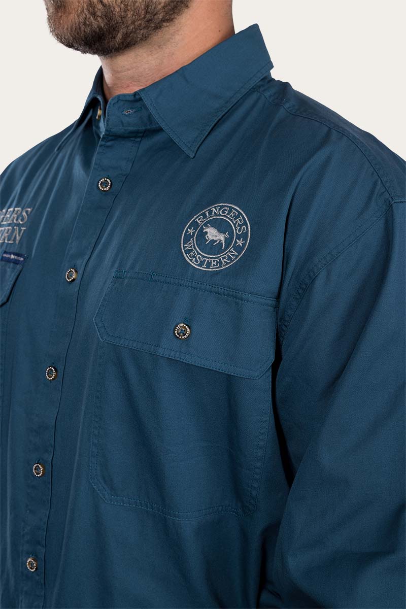 Hawkeye Mens Full Button Work Shirt - Petrol Blue/Ultimate Grey