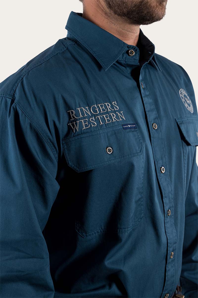 Hawkeye Mens Full Button Work Shirt - Petrol Blue/Ultimate Grey