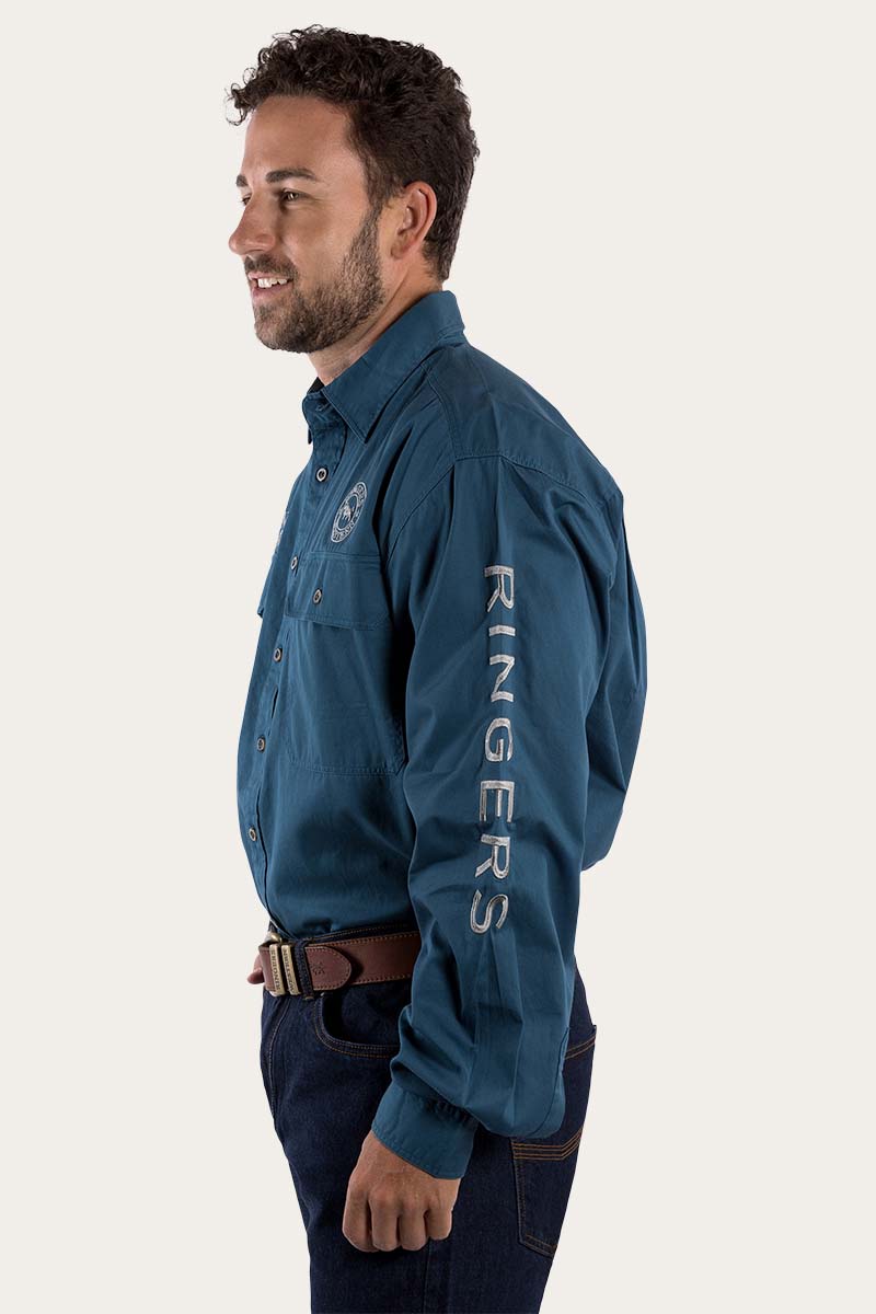 Hawkeye Mens Full Button Work Shirt - Petrol Blue/Ultimate Grey