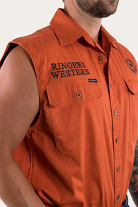 Hawkeye Mens Sleeveless Work Shirt - Burnt Orange with Dark Navy Embroidery