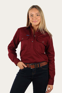 Australian Made Coburn Womens Heavy Weight Half Button Work Shirt - Burgundy