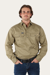 Australian Made Heavy Weight Coburn Mens Half Button Work Shirts - Khaki