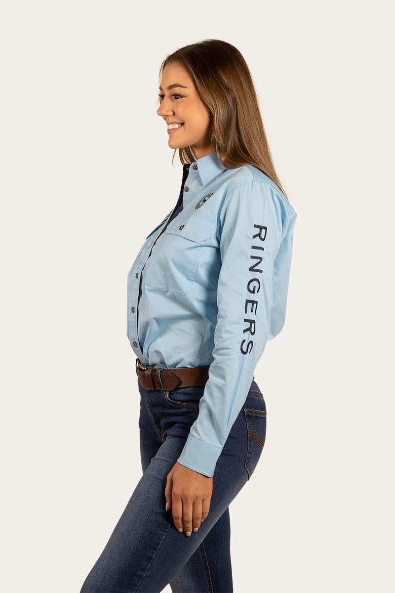 Signature Jillaroo Womens Full Button Work Shirt - Sky Blue/Navy
