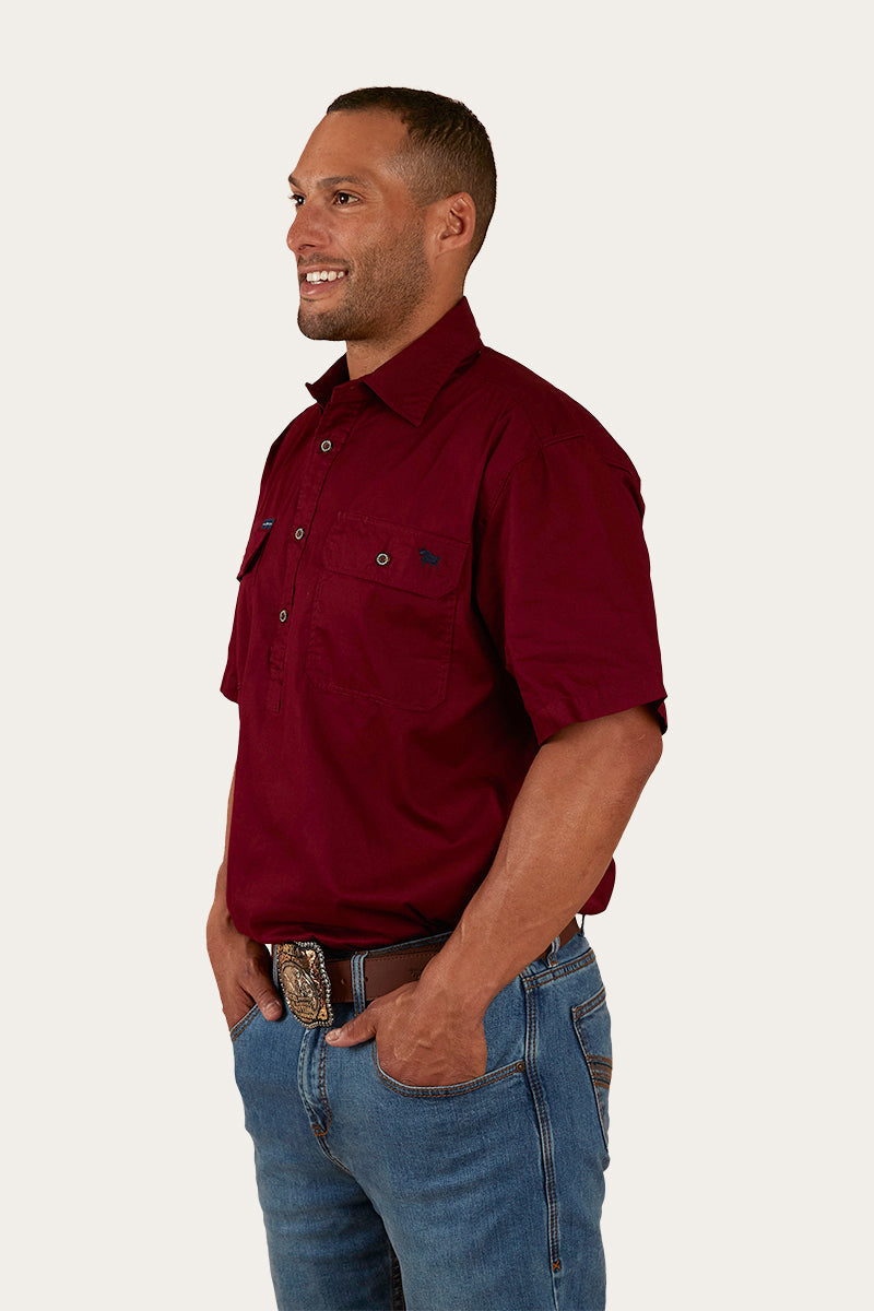 Pack Saddle Mens Short Sleeve Half Button Work Shirt - Burgundy