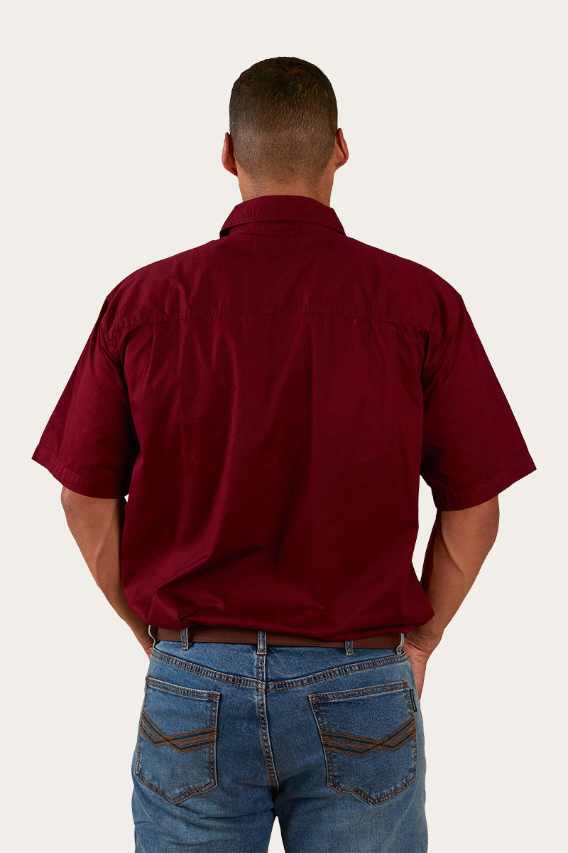 Pack Saddle Mens Short Sleeve Half Button Work Shirt - Burgundy