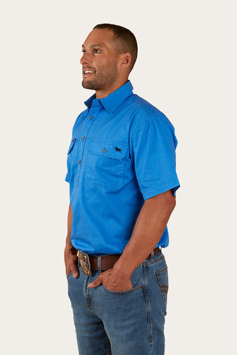 Pack Saddle Mens Short Sleeve Half Button Work Shirt - Blue