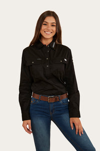 Longdale Womens Half Button Work Shirt - Black/Melon