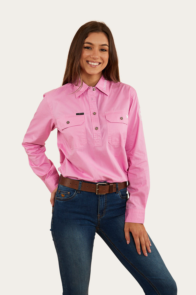 Longdale Womens Half Button Work Shirt - Pastel Pink/Navy