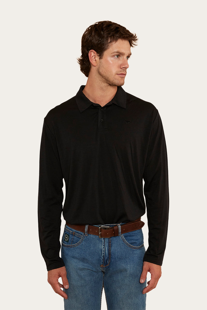 Merino Wool Mens Long Sleeve Polo - Black