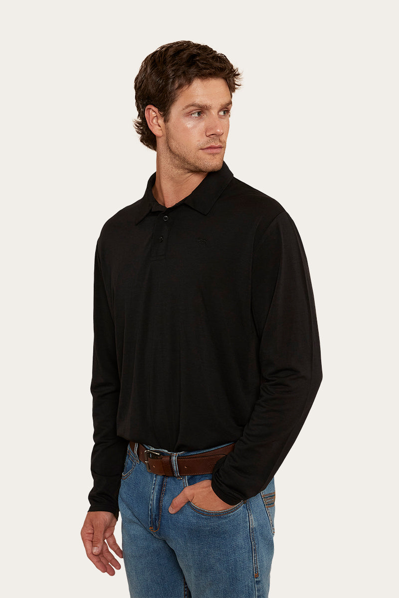 Merino Wool Mens Long Sleeve Polo - Black