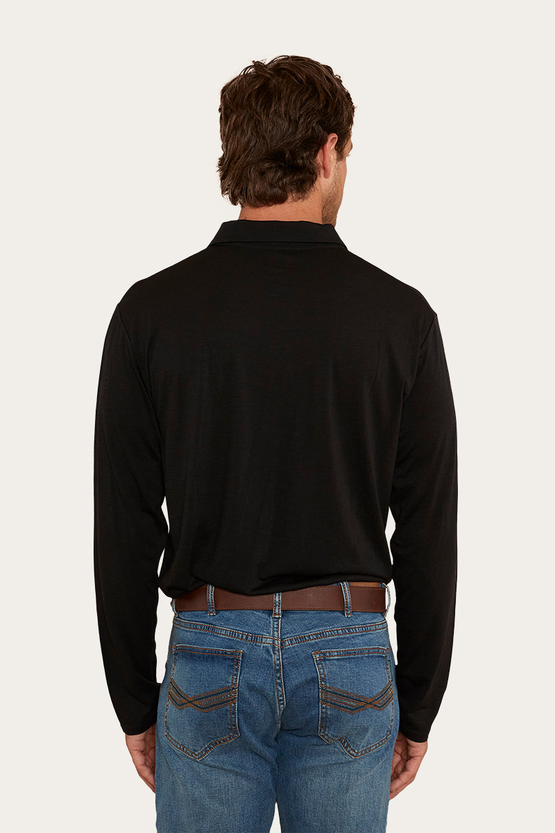 Merino Wool Mens Long Sleeve Polo - Black