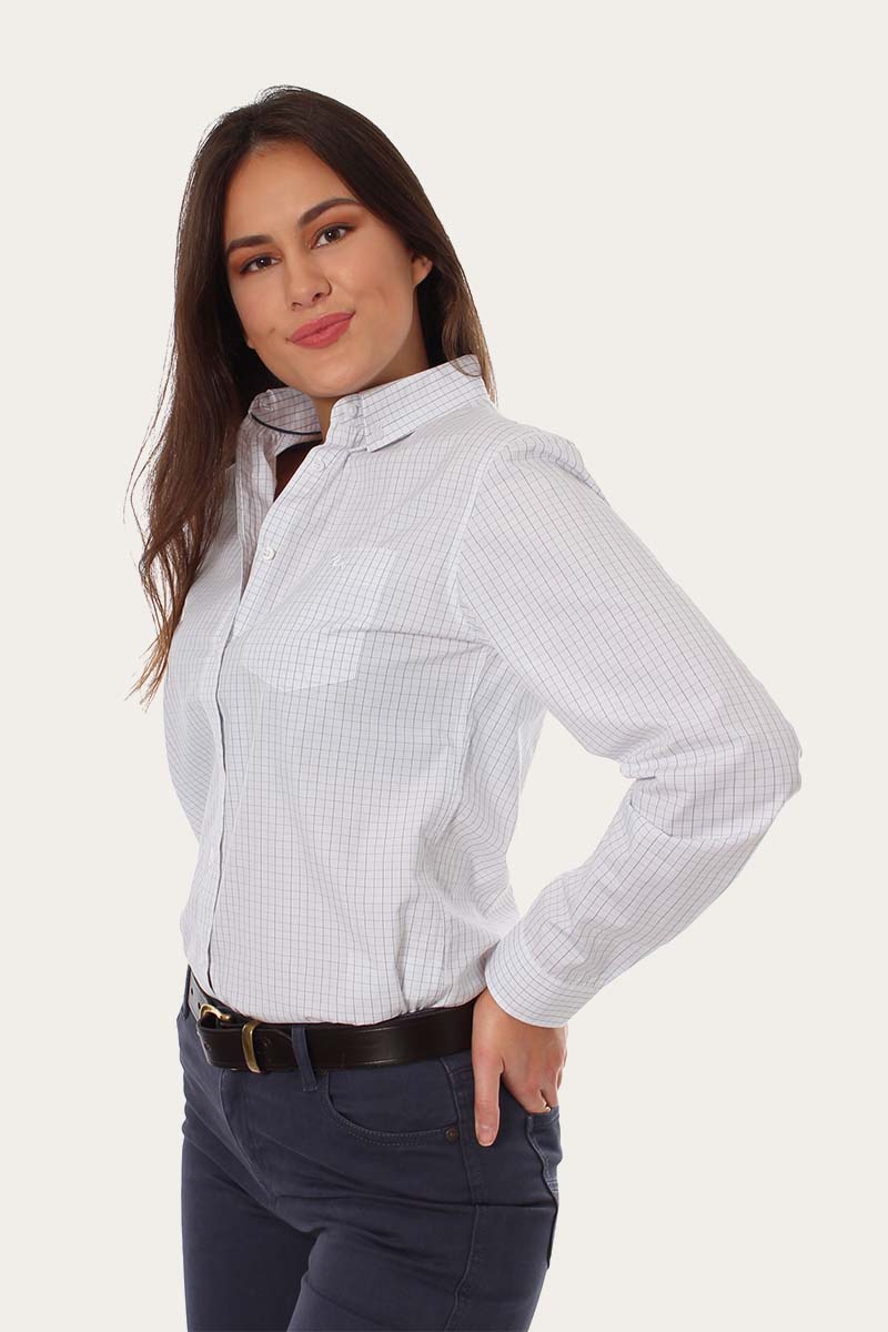 Territory Womens Business Check Dress Shirt - White Blue