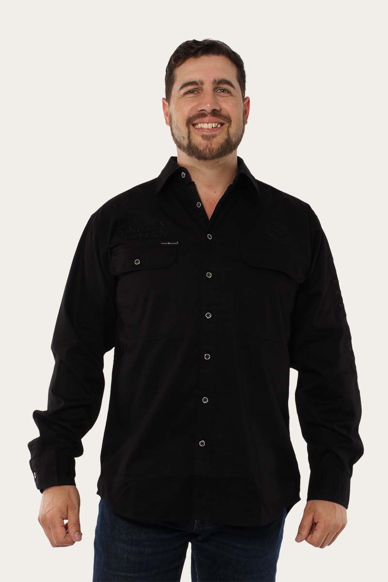 Hawkeye Mens Full Button Work Shirt - Black/Black