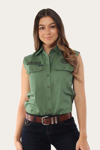 Signature Jillaroo Womens Sleeveless Work Shirt - Cactus Green/Dark Navy