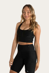 Riley Womens Long Length Zip Front Sports Bra - Black