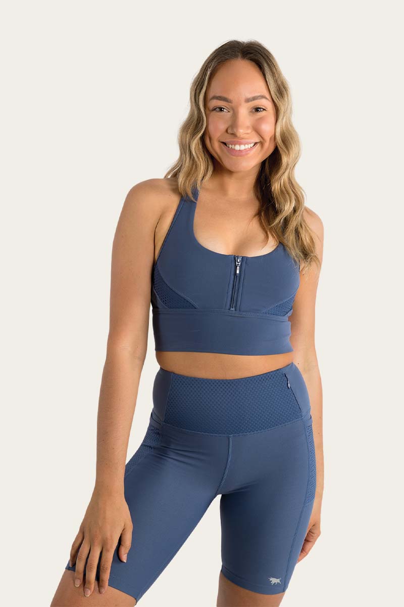 Riley Womens Long Length Zip Front Sports Bra - Blue Indigo