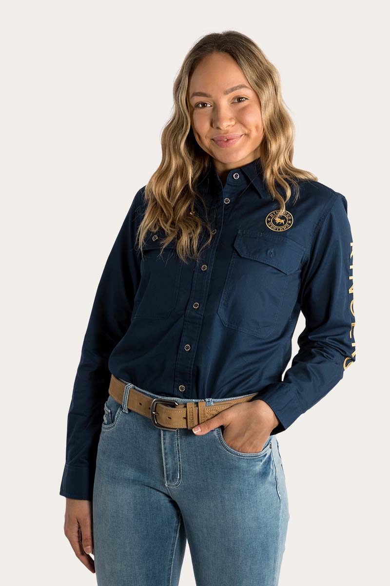 Signature Jillaroo Womens Full Button Work Shirt - Dark Navy/Amber Gold