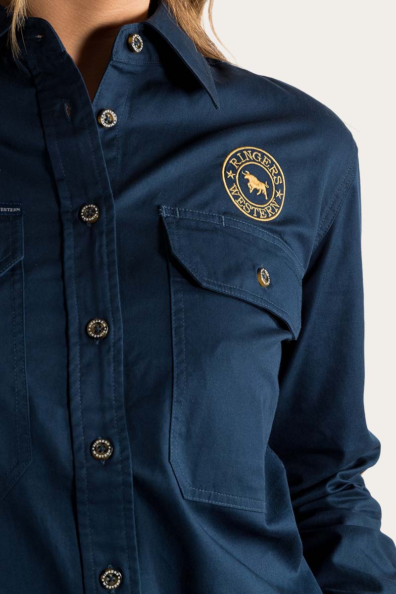 Signature Jillaroo Womens Full Button Work Shirt - Dark Navy/Amber Gold