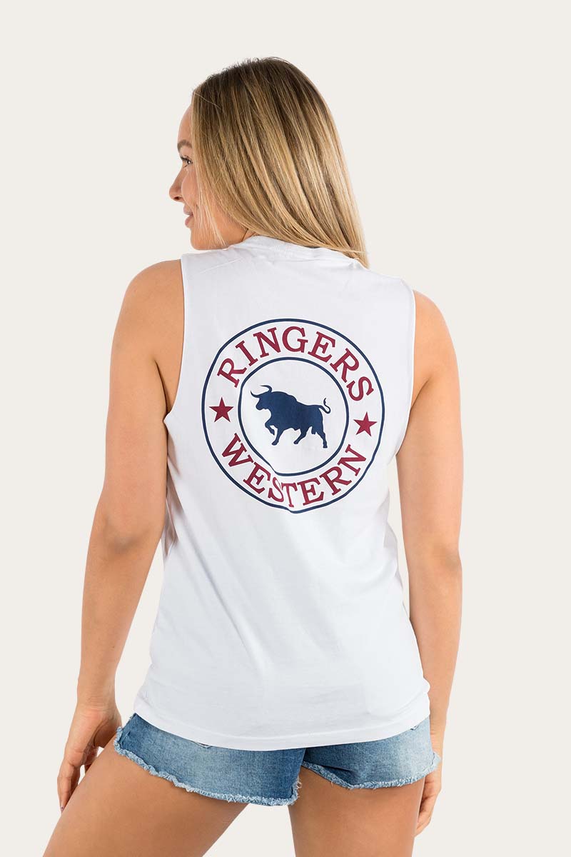 Signature Bull Womens Muscle Tank - White with Multi Print