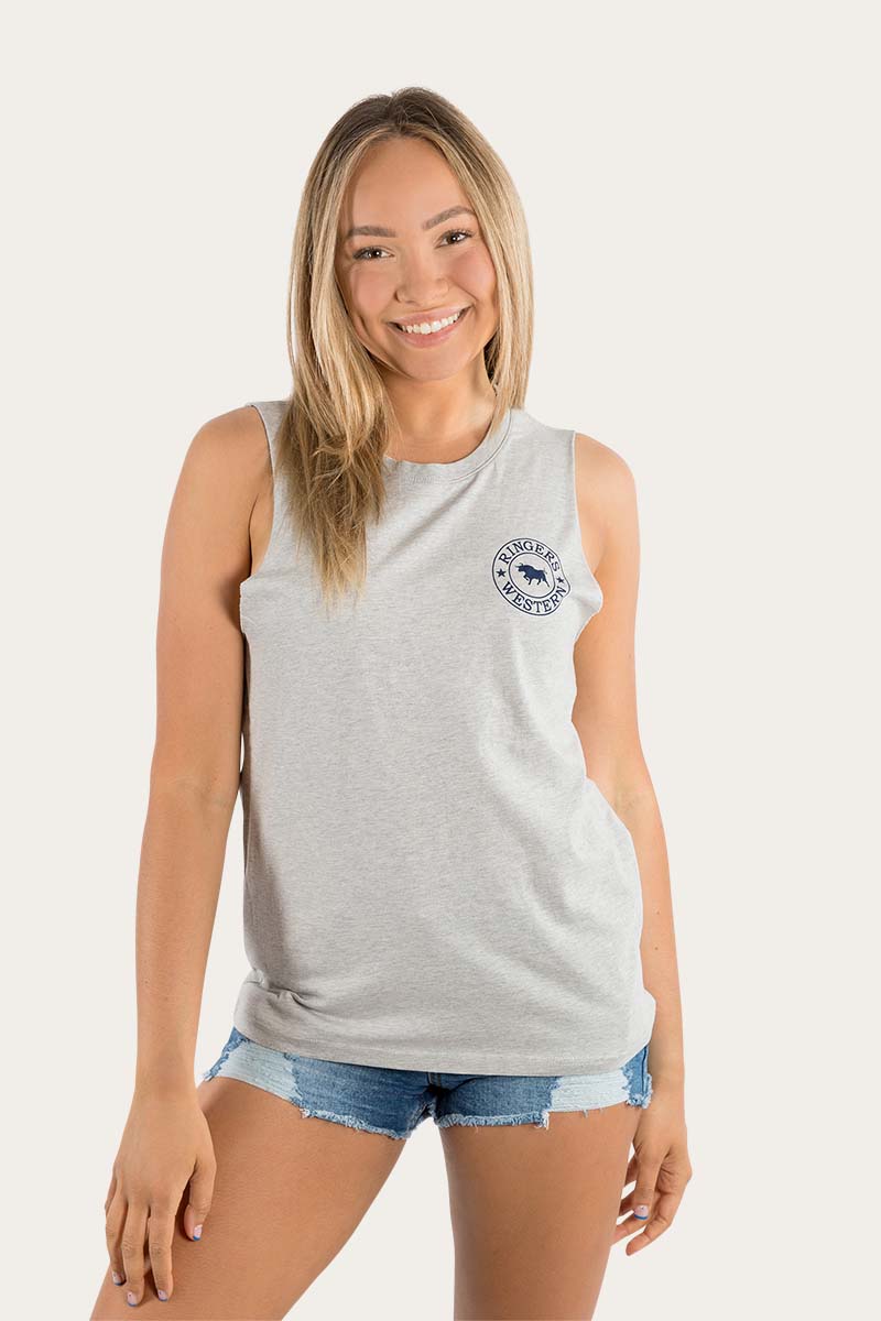 Signature Bull Womens Muscle Tank - Grey Marle with Navy Print