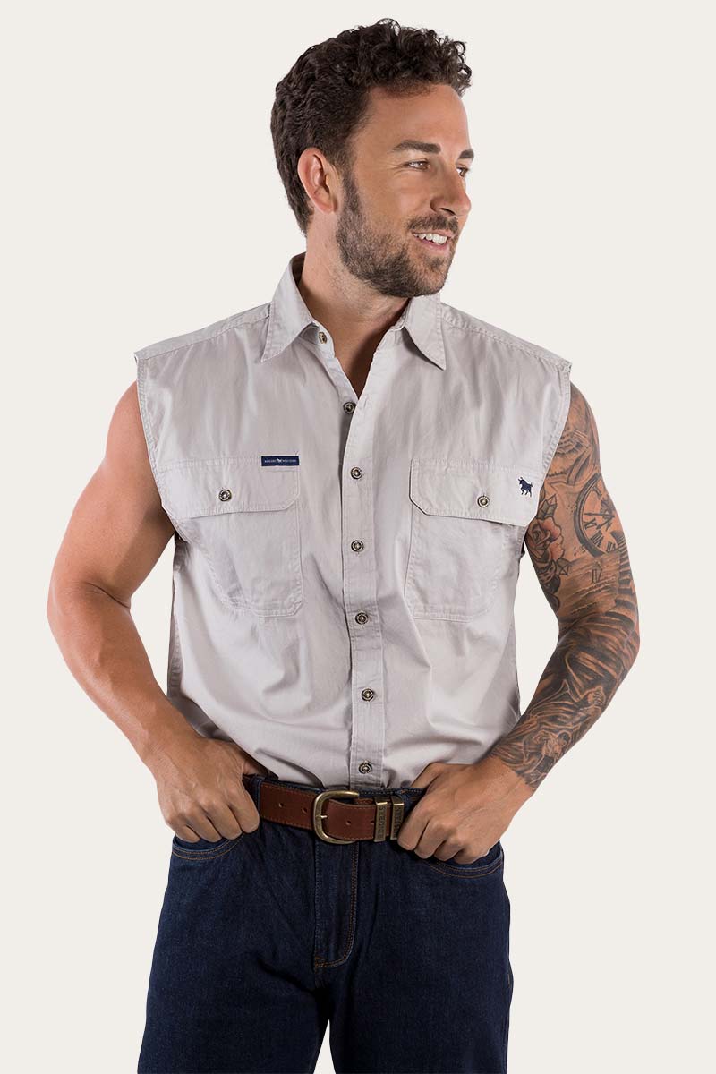 Rob Roy Mens Sleeveless Full Button Work Shirt - Beige