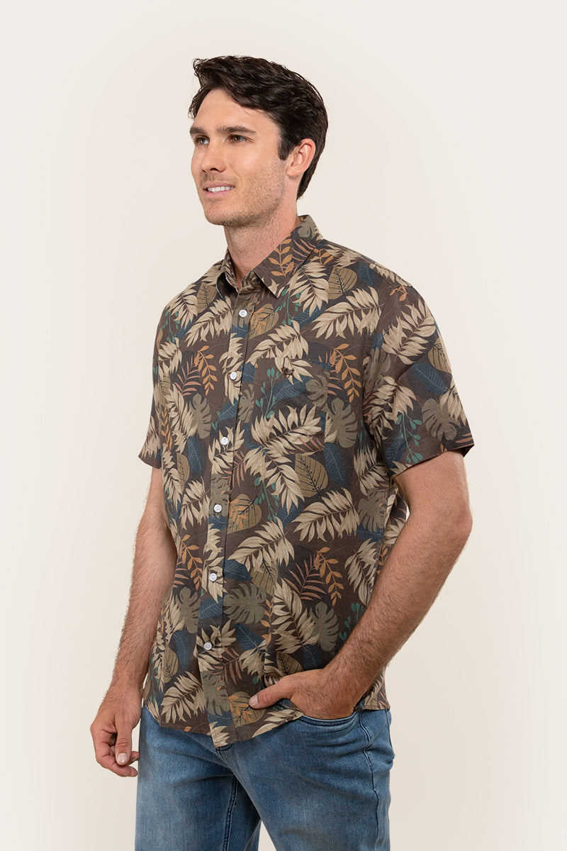 Tropical Mens Relaxed Fit Short Sleeve Linen Dress Shirt - Khaki