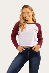 Signature Bull Womens Crop Raglan T-Shirt - White/Burgundy