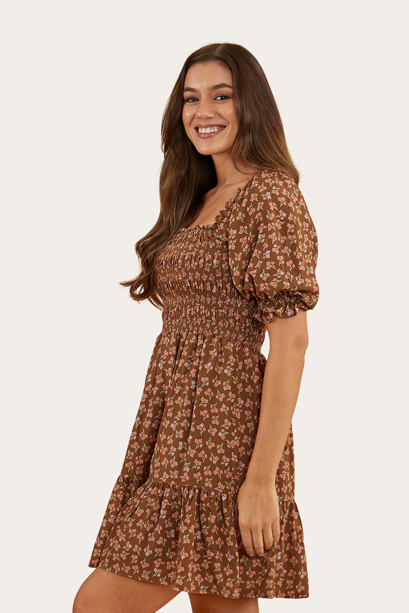 Tahlia Womens Shirred Mini Dress - Toffee