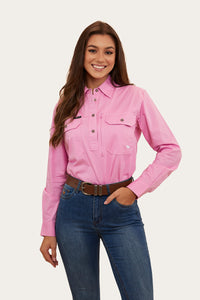 Herefords Womens Half Button Work Shirt - Pastel Pink/Beige