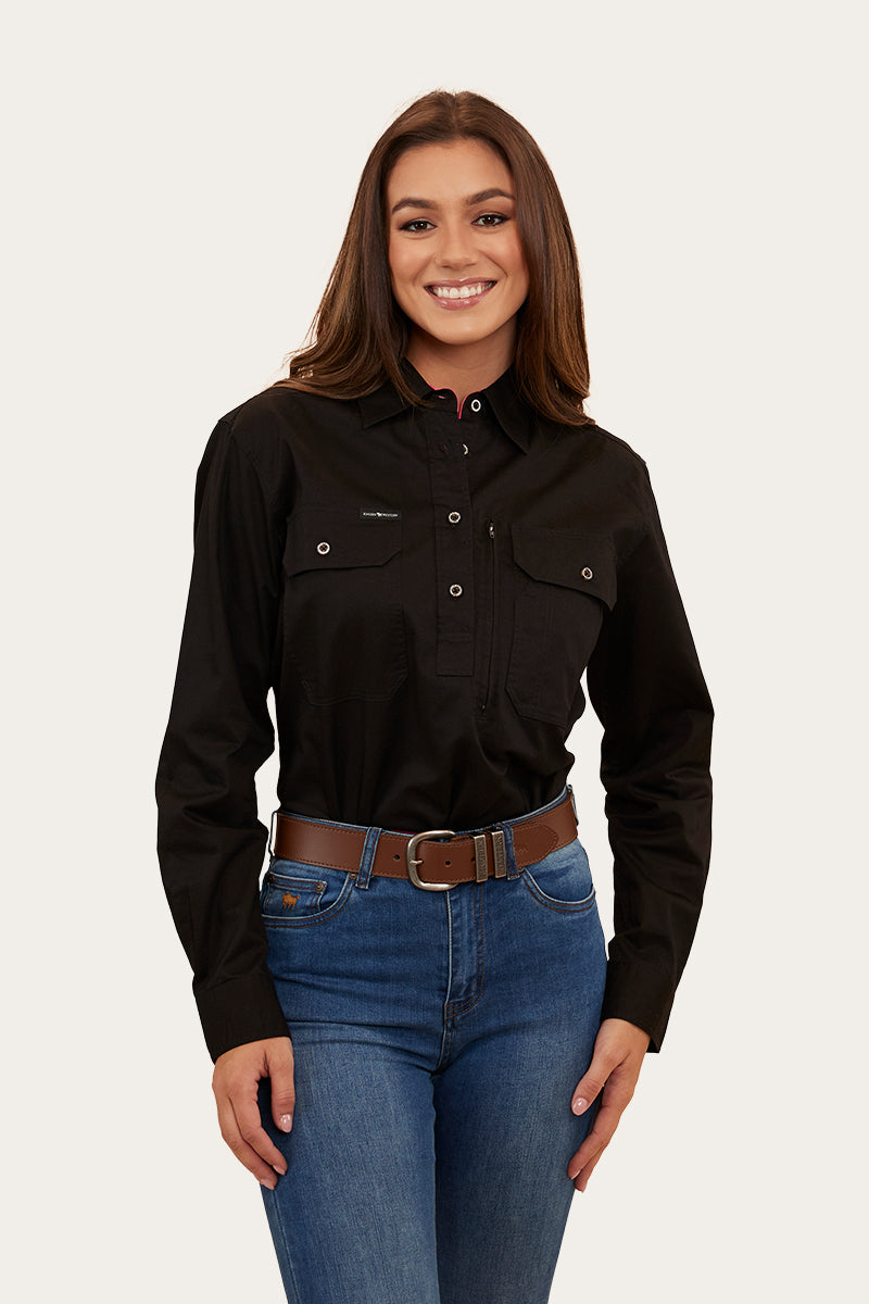 Herefords Womens Half Button Work Shirt - Black/Melon