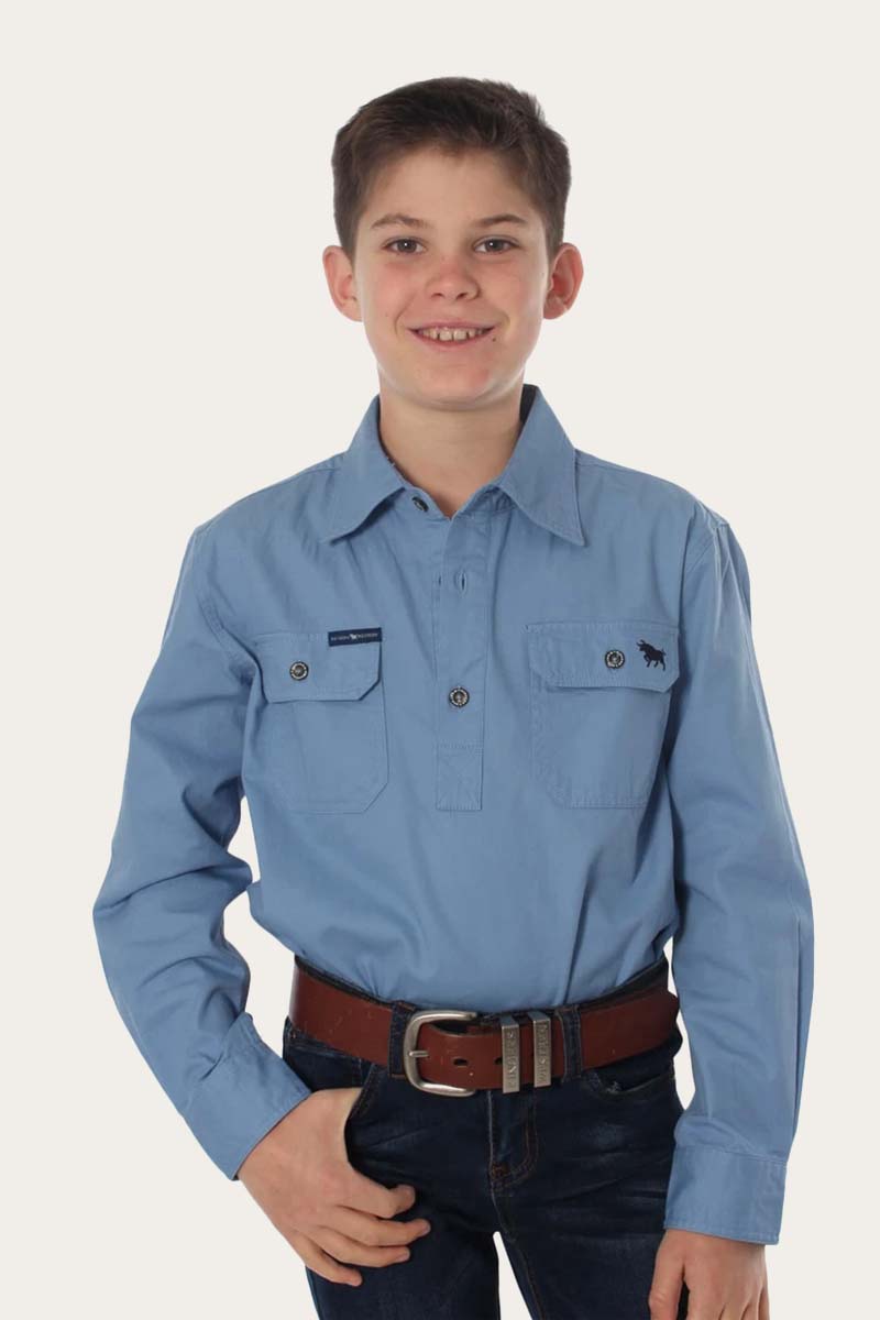 Ord River Half Button Kids Work Shirt - Denim Blue