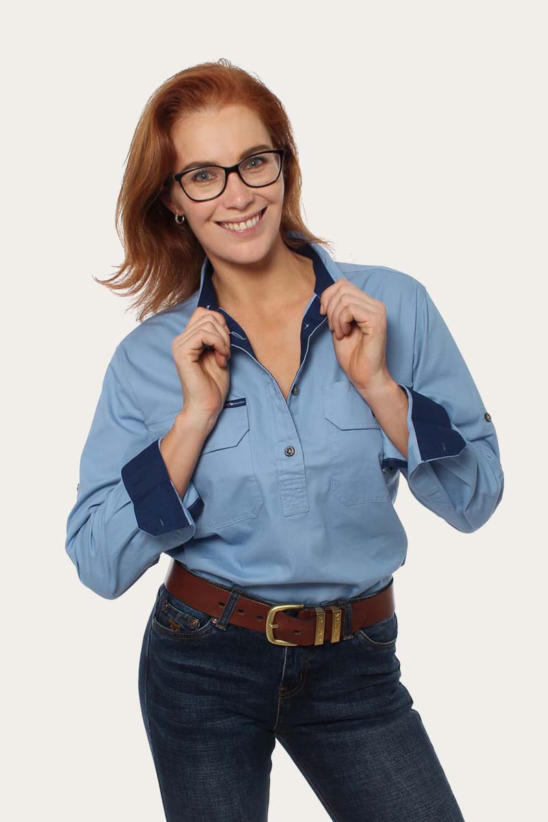 Pentecost River Womens Half Button Work Shirt - Denim Blue
