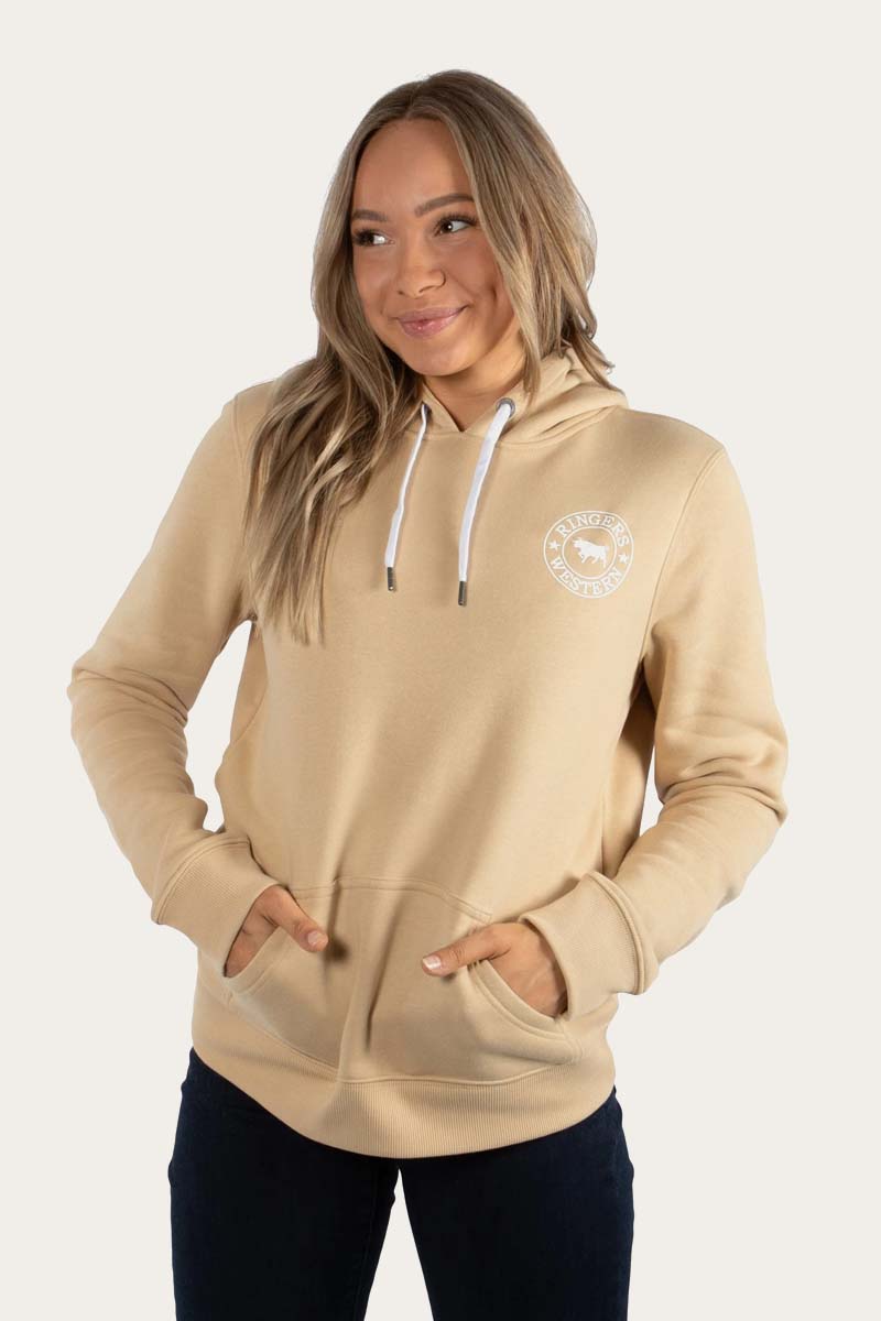 Signature Bull Womens Pullover Hoodie - Latte with White Print
