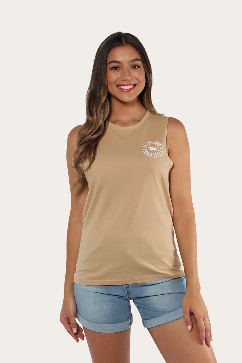 Signature Bull Womens Muscle Tank - Latte with White Print